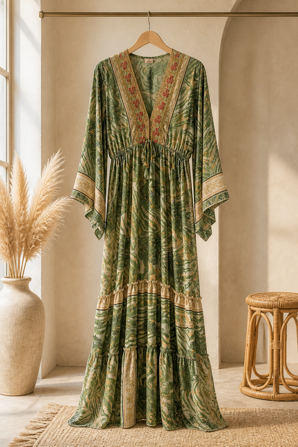 Zelené boho maxi šaty, India