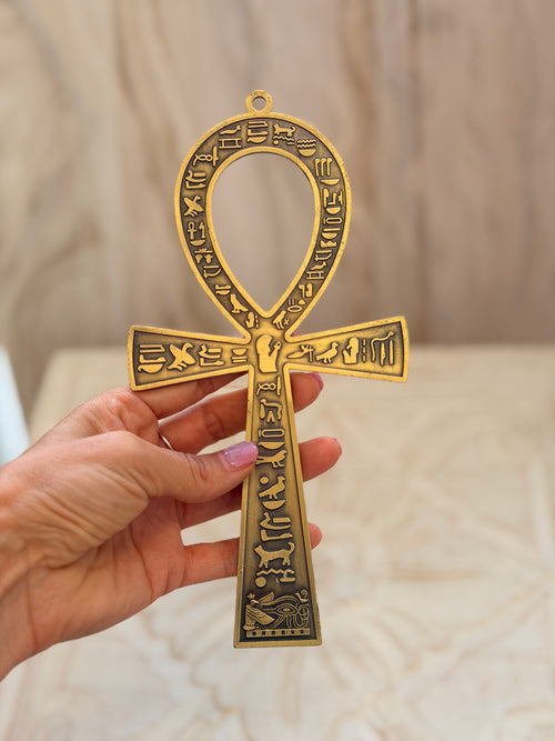 Kovový egyptský Ankh kríž života s hieroglyfmi
