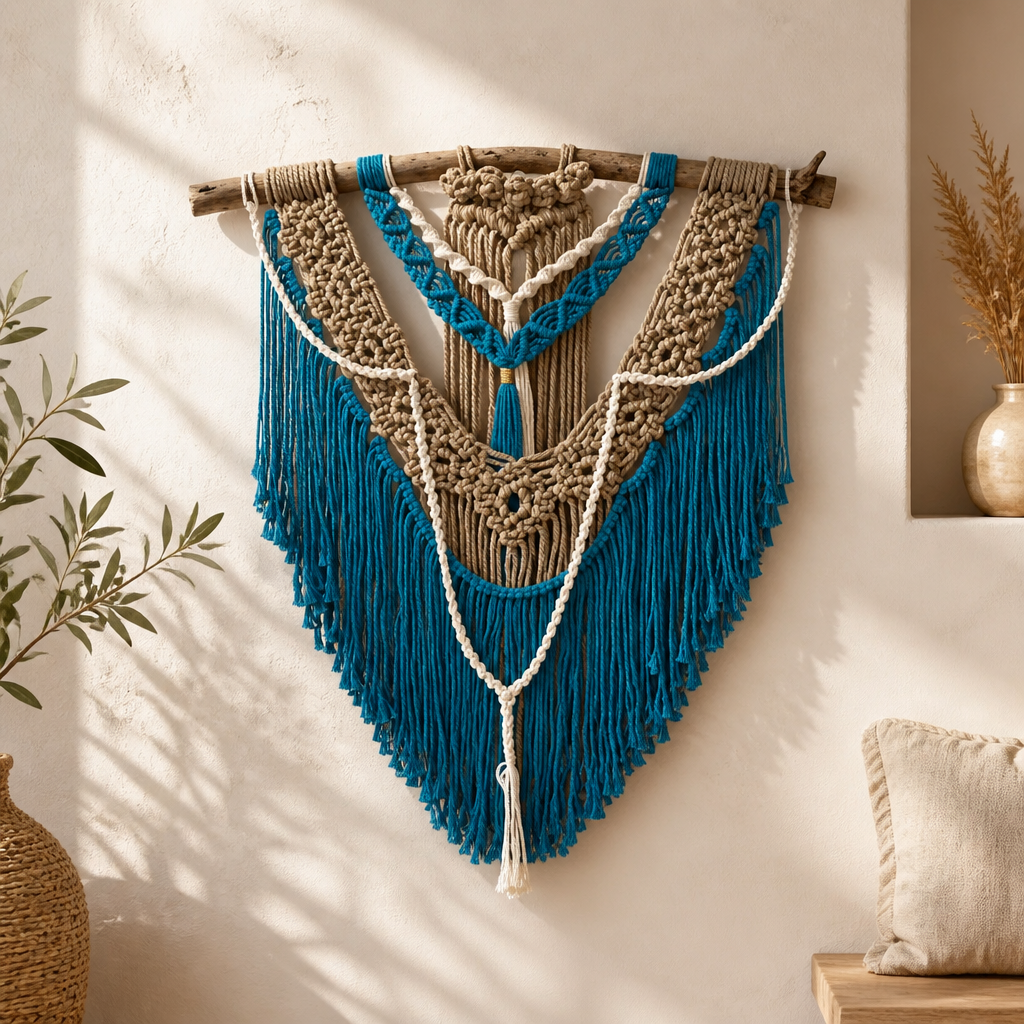 Makramé na stenu – boho nástenná dekorácia modro-béžová