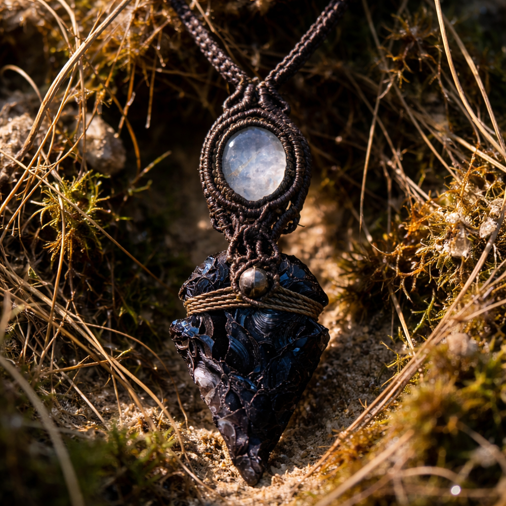 Šamanský makramé náhrdelník s obsidiánom a mesačným kameňom, Peru