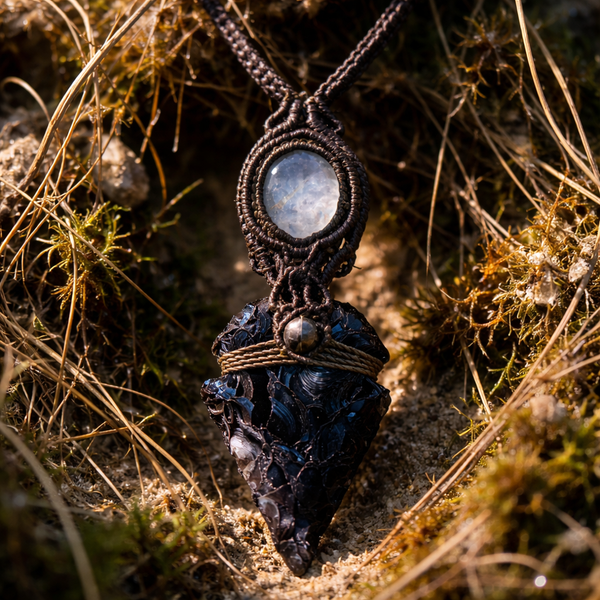 Šamanský ochranný makrame handmade náhrdelník s obsidiánom a mesačným kameňom | Peru
