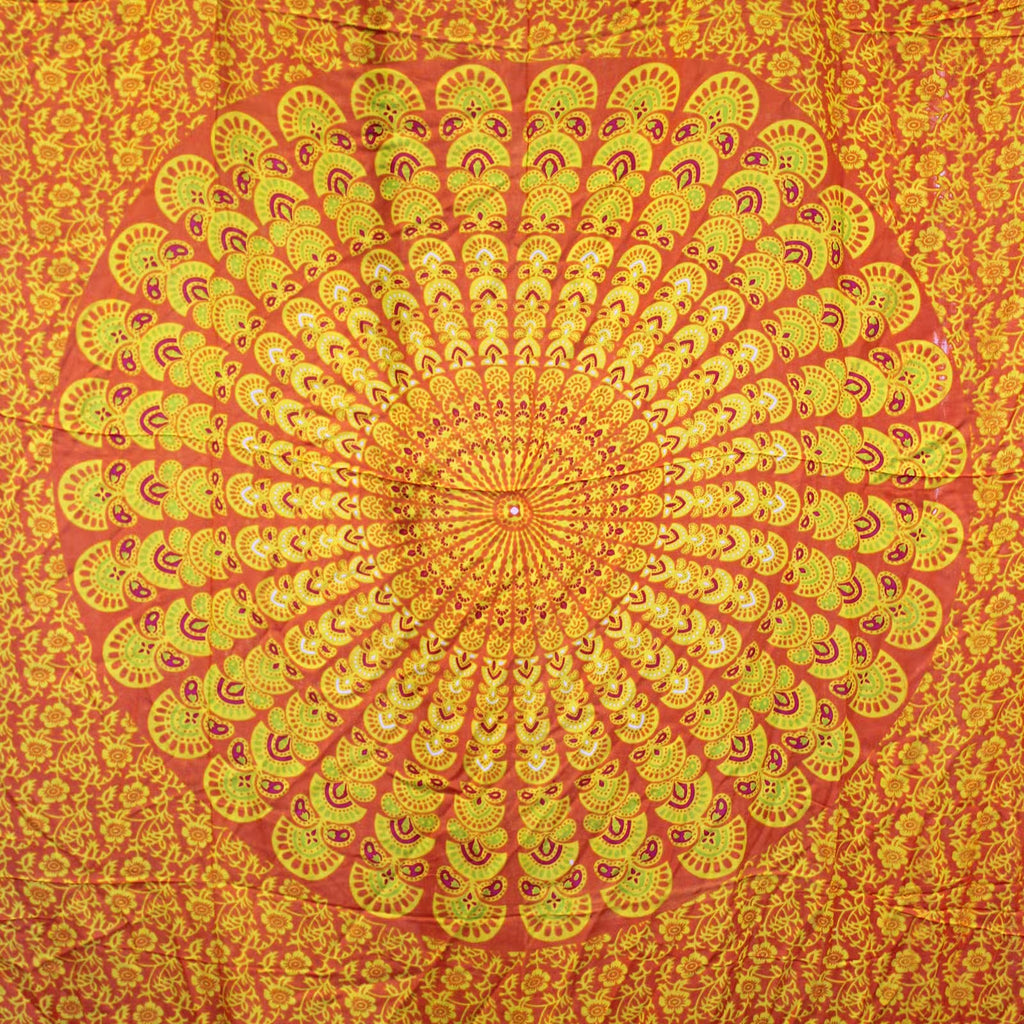 Sarong Mandala oranžovo-limetkový, rozprestretý mandalový vzor
