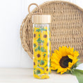 Sunflower – sklenená fľaša na vodu 600 ml so slnečnicami (drevené viečko)
