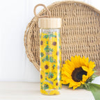 Sunflower – sklenená fľaša na vodu 600 ml so slnečnicami (drevené viečko)