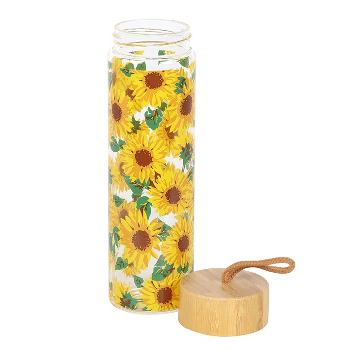 Sunflower – sklenená fľaša na vodu 600 ml so slnečnicami (drevené viečko)